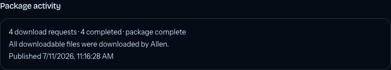 Package activity showing completed download requests and a complete package status