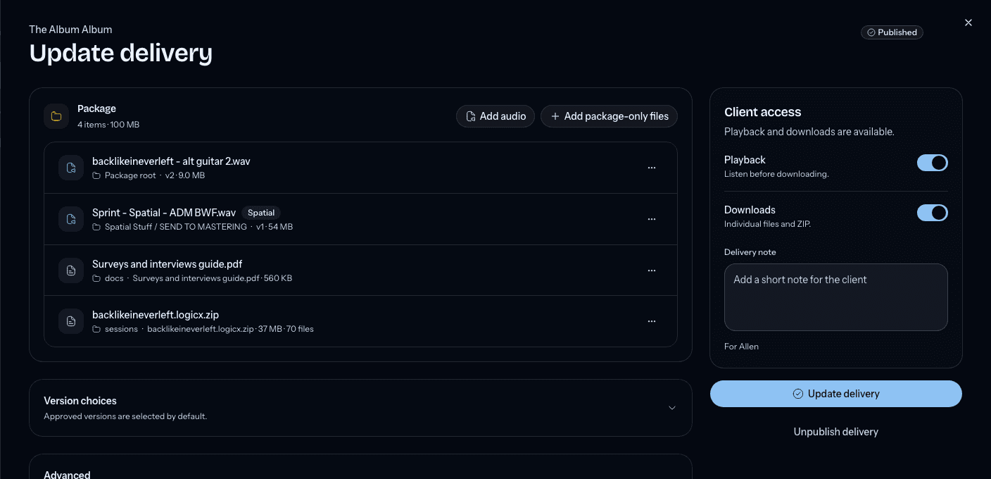 The delivery editor with the package, client access settings, and publishing controls
