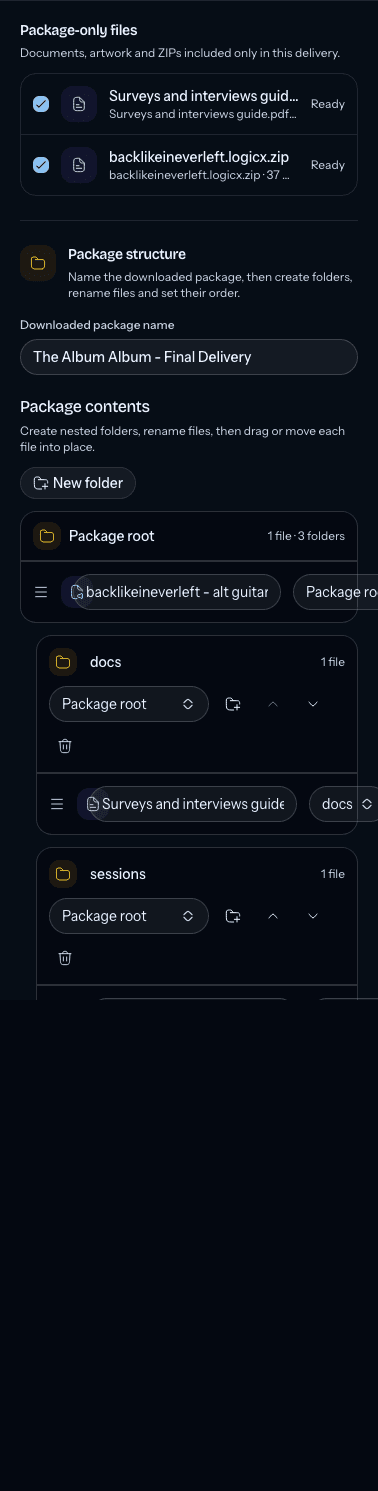 The expanded Advanced section showing package-only files and the package structure controls