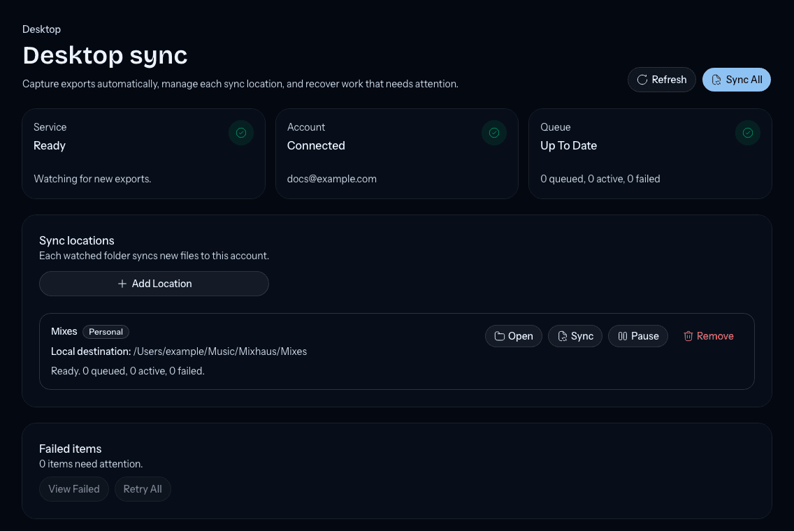 Desktop sync showing a watched Mixes folder and its location controls