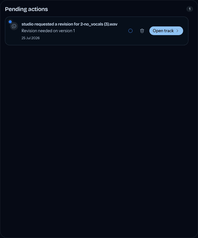 Mixhaus Inbox showing a pending revision request in the Pending actions panel