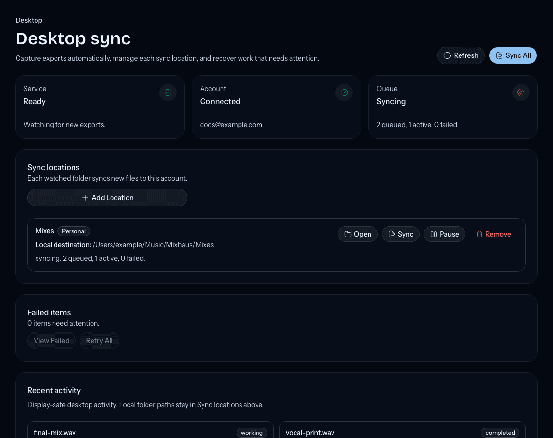 Desktop sync with a signed-in account, a watched Mixes folder, and sync controls