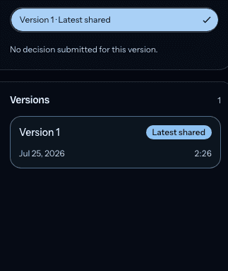 Client review version selector and history list for the latest shared revision