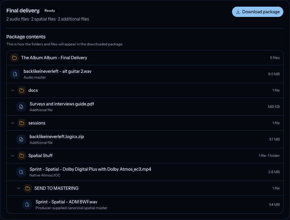 Client portal delivery page with a ready final delivery, package contents, and Download package button