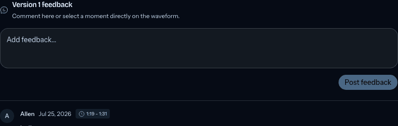 Client review feedback composer with an existing 1:19 to 1:31 comment