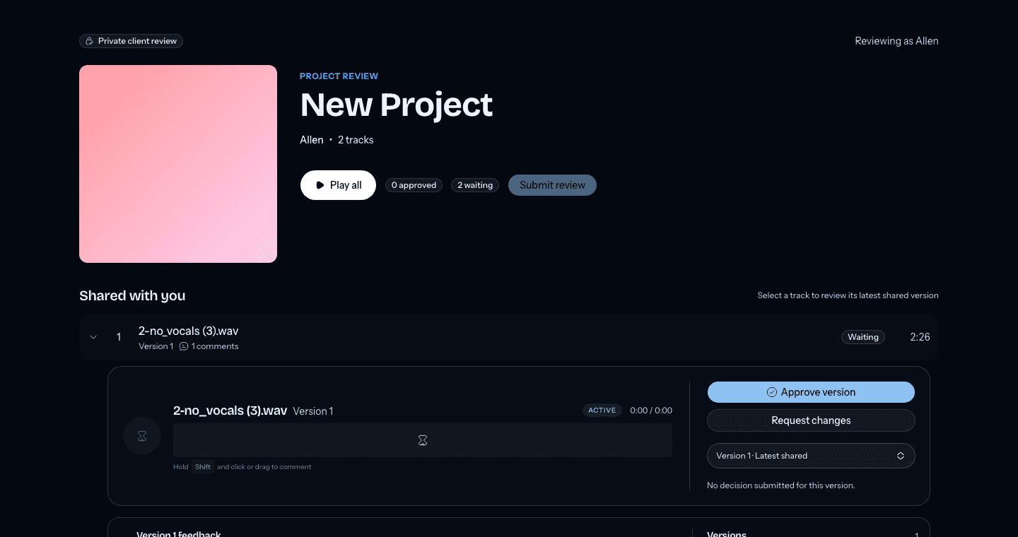 Client review workspace for New Project with the shared track list, play all control, version status, and review actions