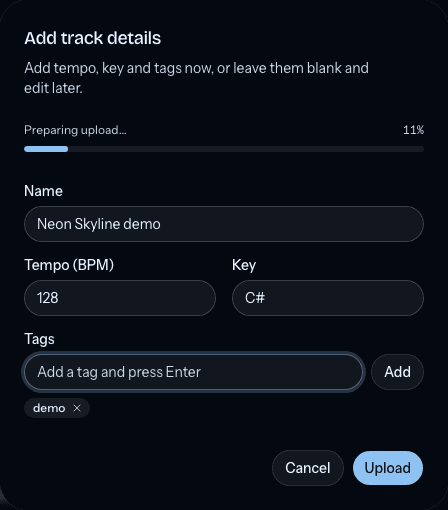 The Add track details dialog with name, tempo, key, and tag fields