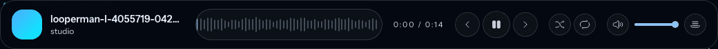 The active Library audio player with waveform, transport, volume, and queue controls