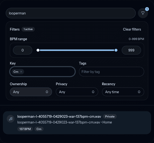 The Track search dialog with filters open and a key-filtered result