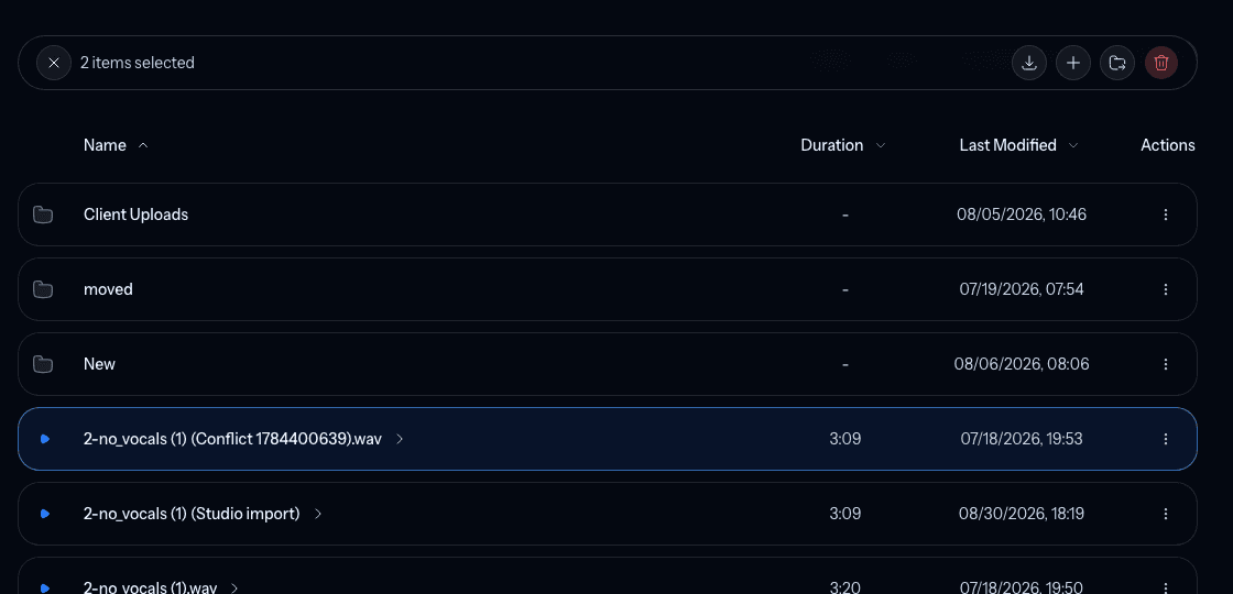 The Library list with two files selected and the selected items actions toolbar