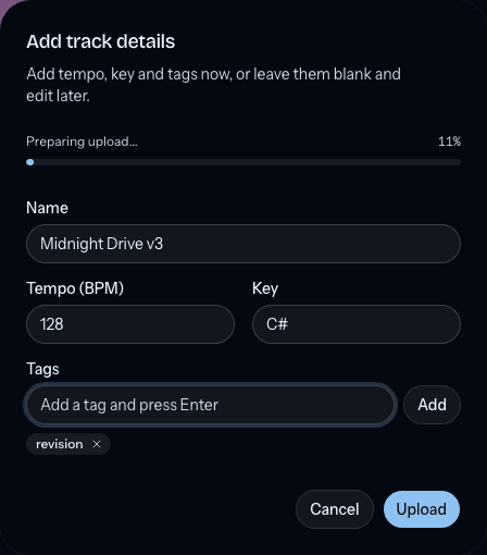 The Add track details form with a track name, tempo, key, and revision tag