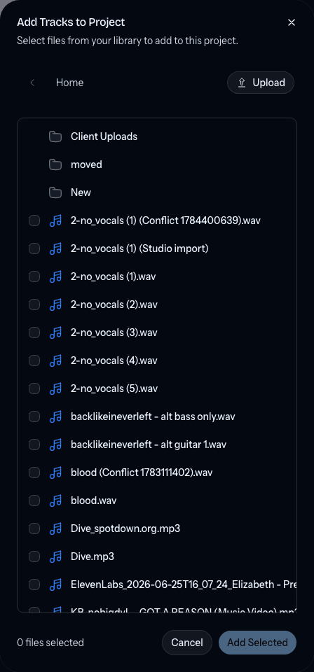 The Add Tracks to Project picker with Home, Upload, and Add Selected controls