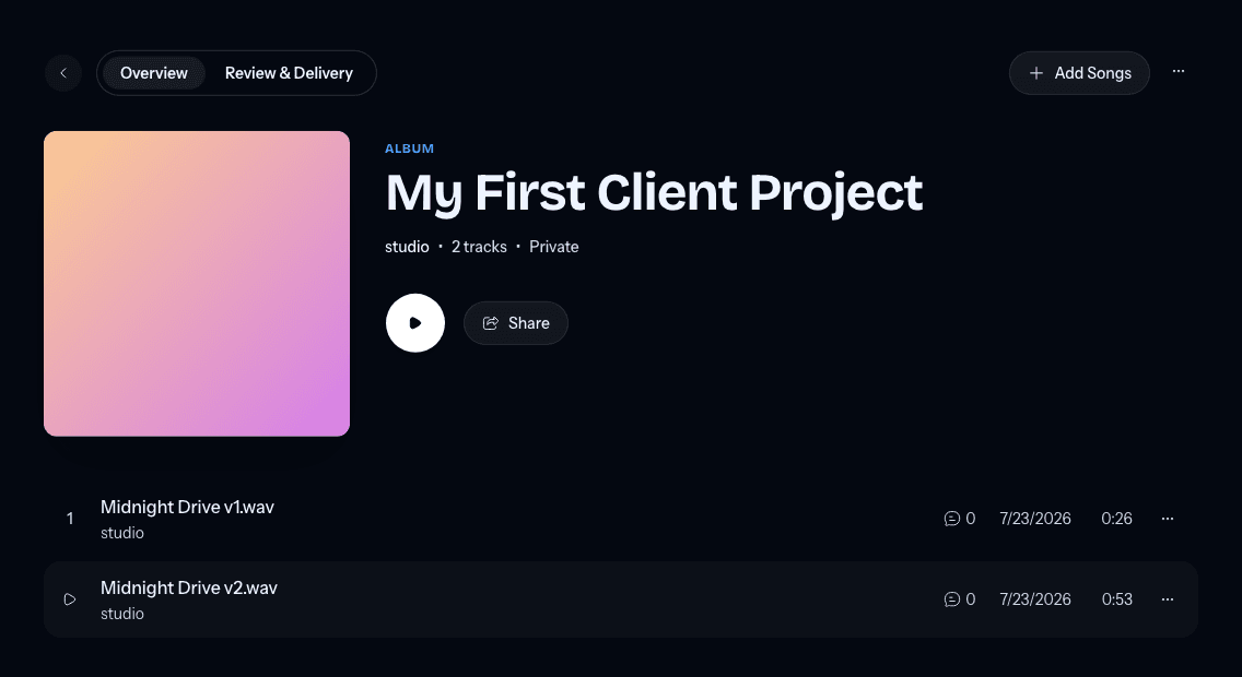 A Mixhaus project overview showing uploaded audio tracks