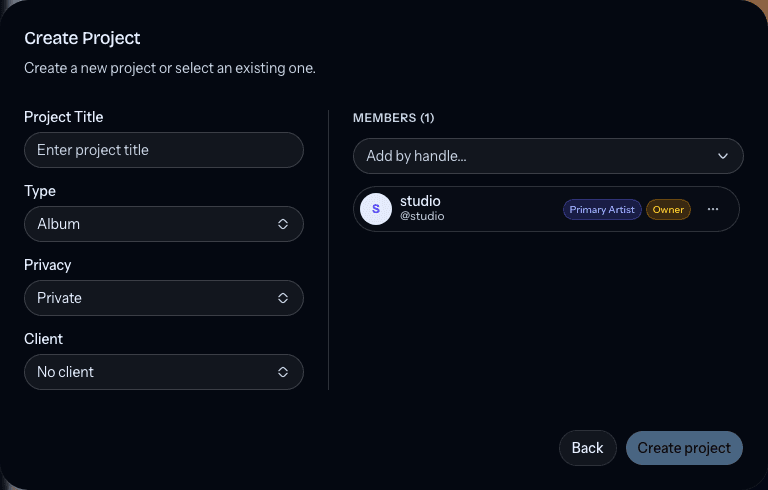 The Create Project form with project title, type, privacy, client, and members