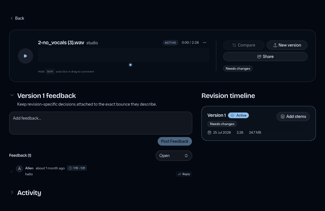 A Mixhaus track workspace with an active version, feedback, and Revision timeline