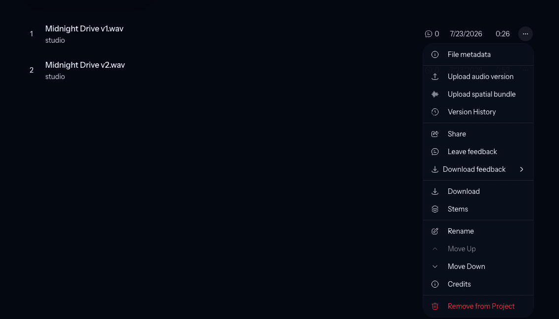 A project track action menu with Upload audio version and Version History