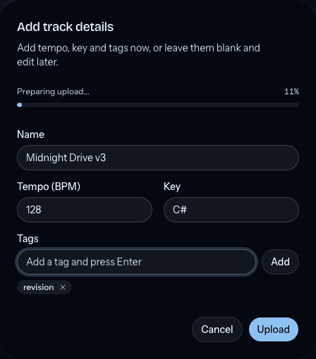 The Add track details form for a new version with upload progress and version metadata