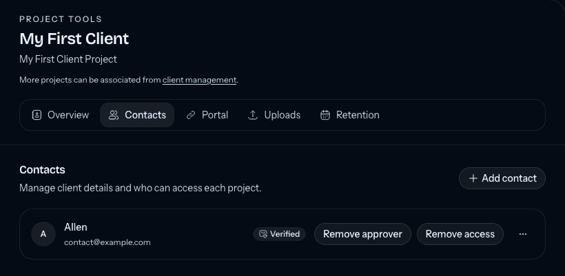 The project Contacts tool showing a verified contact, approver control, and project access control