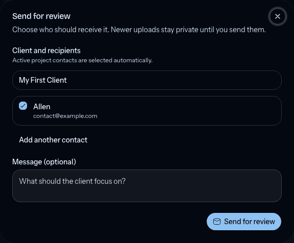 The Send for review dialog with a client contact selected