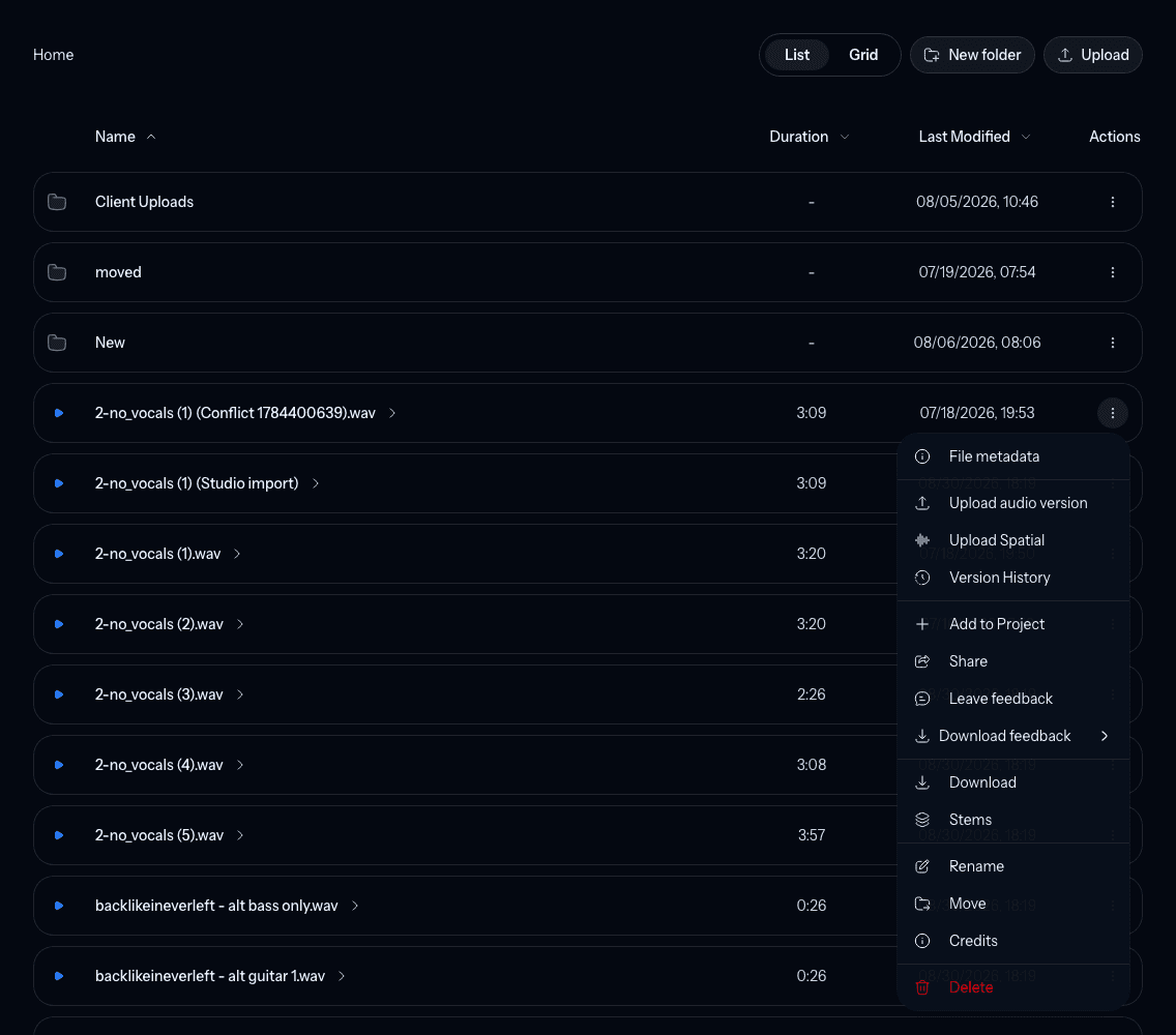 The Library track actions menu with Add to Project and version tools