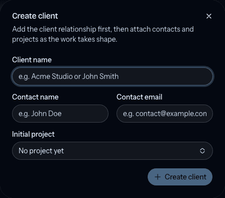 The Create client dialog with client details and an optional initial project
