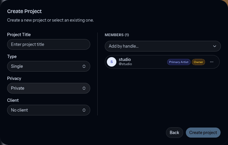 The Create Project form with fields for title, type, privacy, client, and members