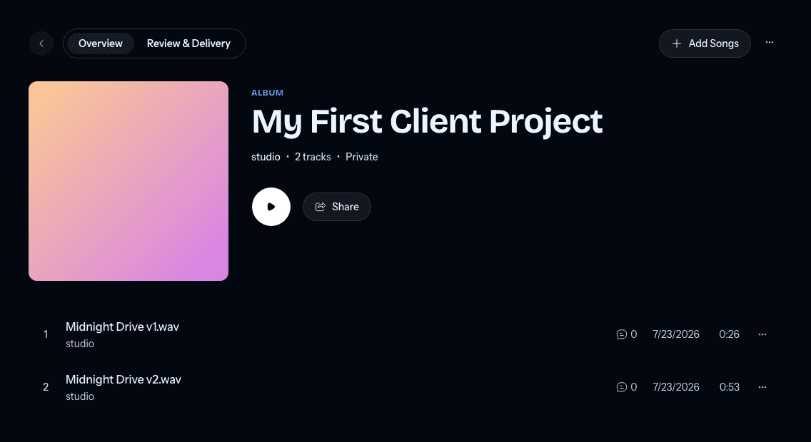 A project overview with two mix versions and the Add Songs action
