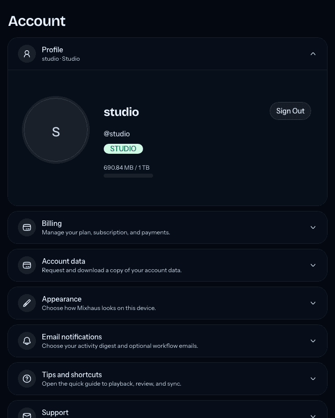The Account page with profile details and account controls