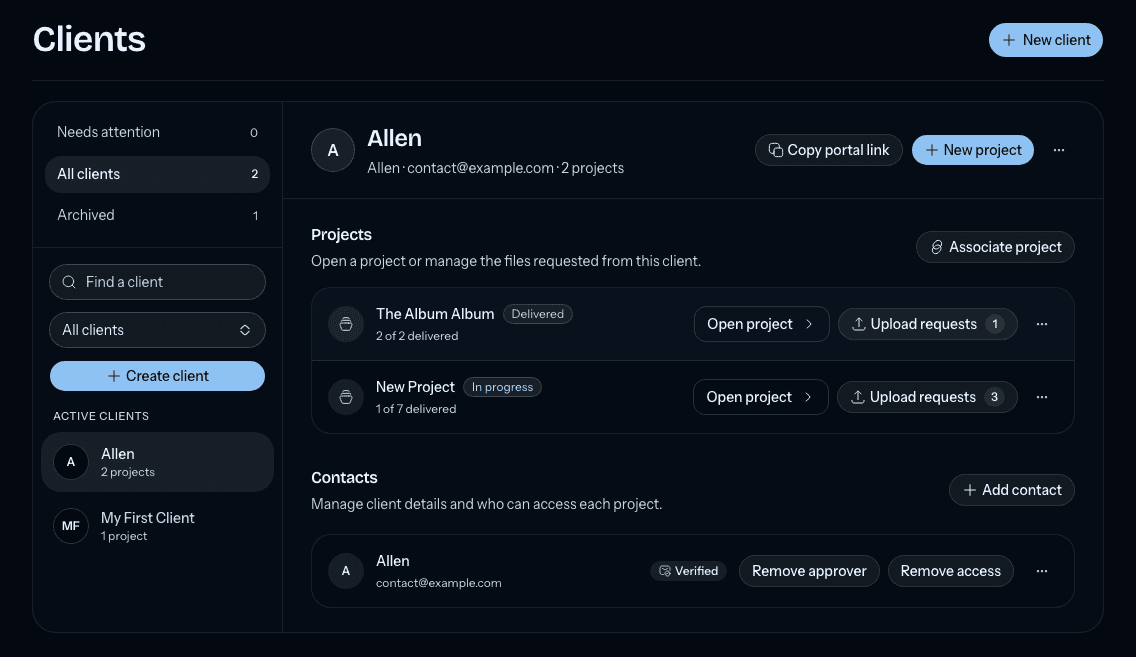 The Clients workspace with a client, connected projects, upload requests, and contacts