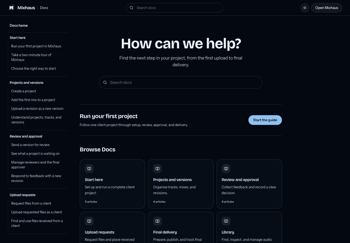The Mixhaus Docs home with section navigation, search, and workflow guides