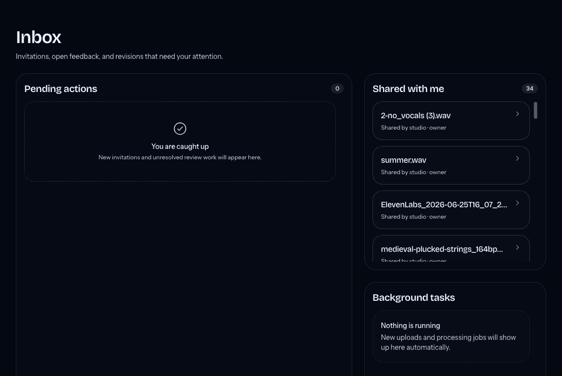 The Inbox with pending actions, shared files, and background tasks