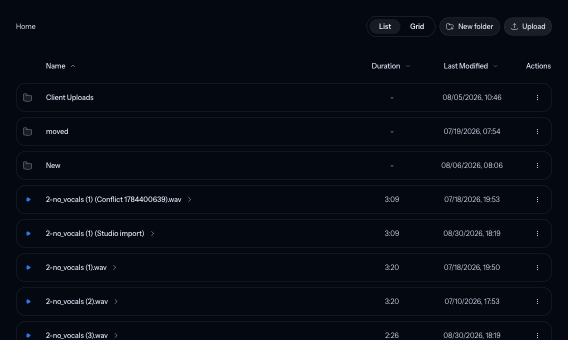 The Library list with folders, audio files, durations, and upload controls