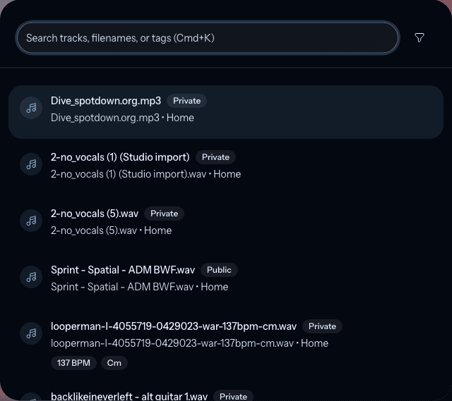 The Track search dialog with a library search field and matching audio files