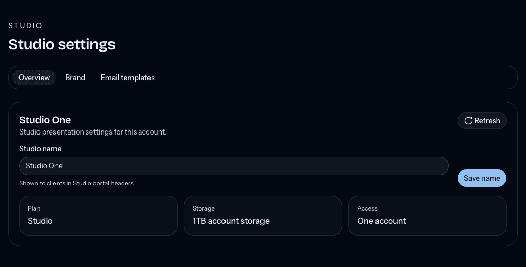 Studio settings with Overview, Brand, and Email templates sections