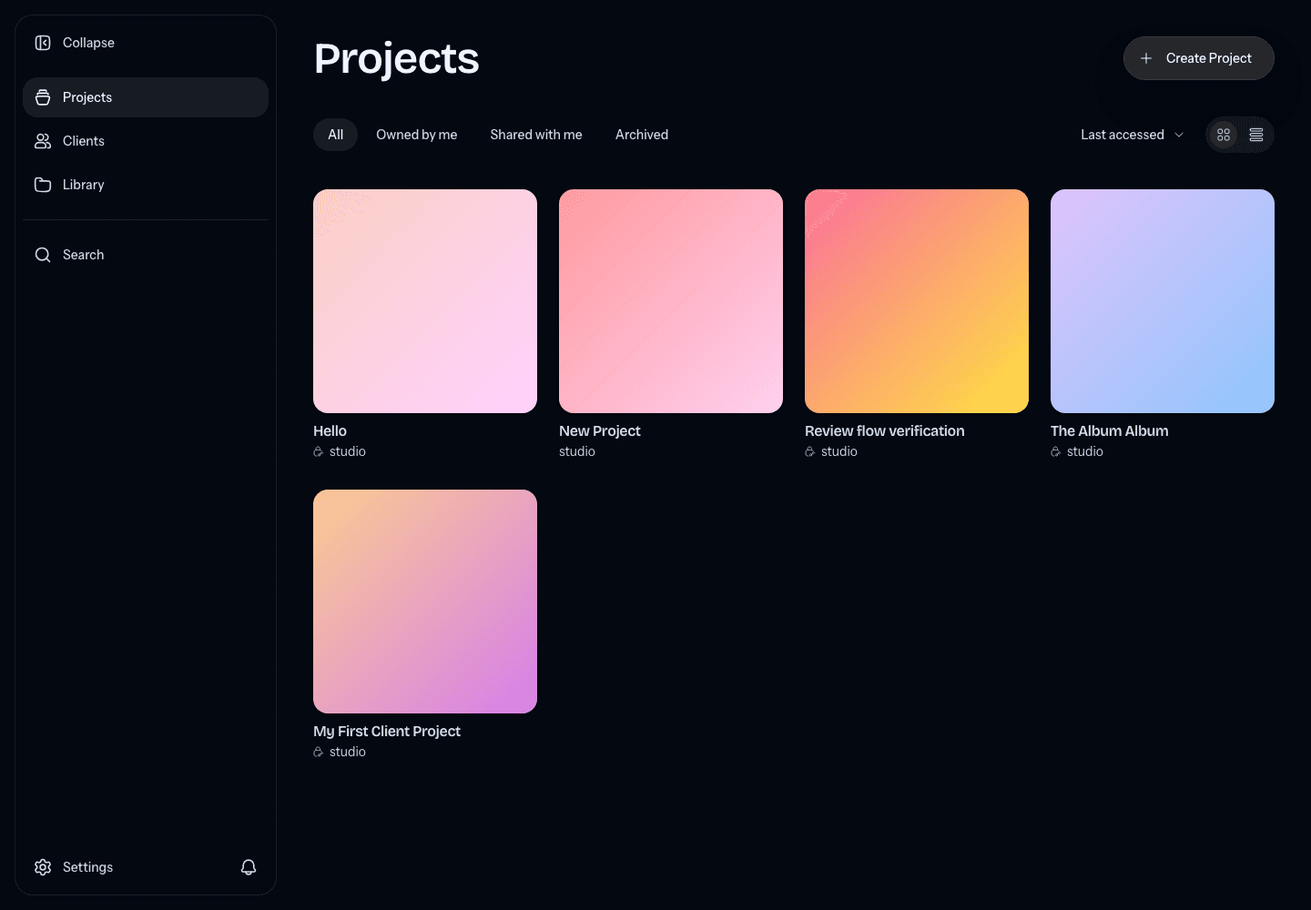 The Mixhaus workspace with navigation for Projects, Clients, Library, Search, and Settings