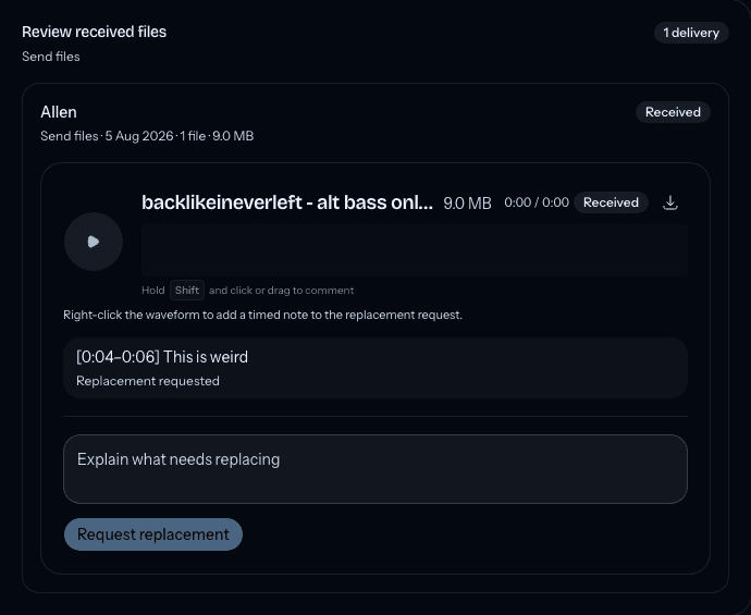Review received files panel showing the uploaded audio, delivery details, status, and replacement comment box