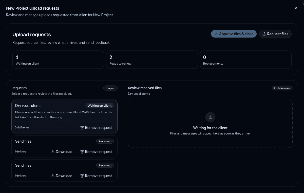 Upload requests view showing a waiting request beside received client deliveries