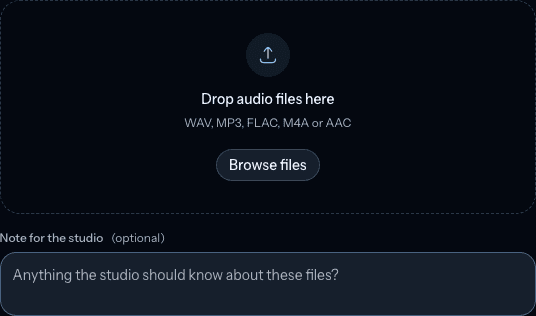 Client portal upload controls showing the audio drop area, Browse files button, and optional note field