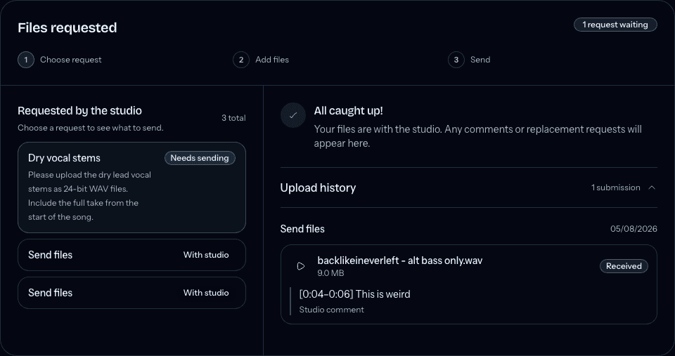 Client portal upload history showing a received audio file and studio comment