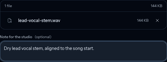 Client portal upload controls with an audio file selected and a note for the studio